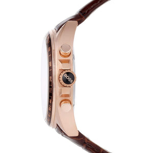 Detailed view of rose gold crown on Hugo Boss Driver Runner 1513093 with brown dial and brown leather strap 50m water resistant