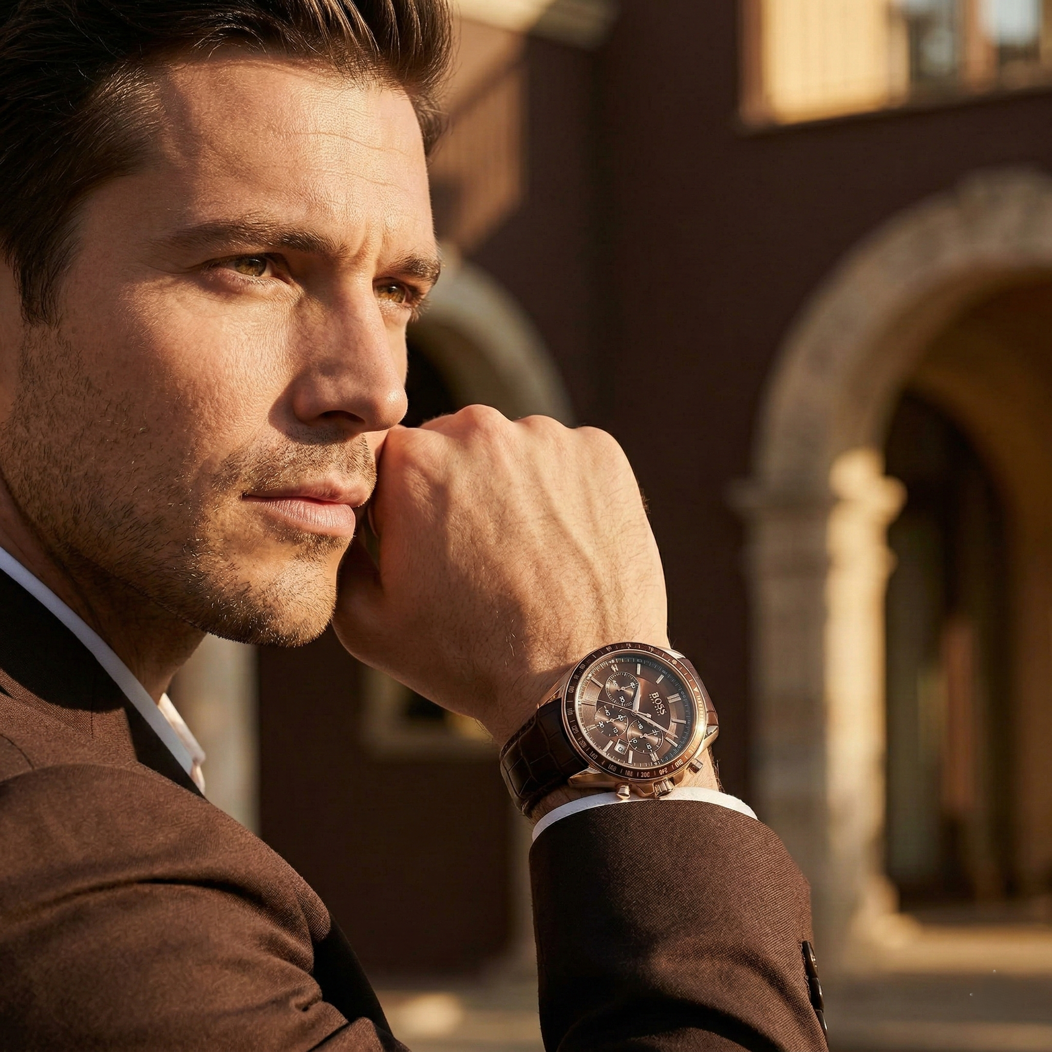 Professional man wearing Hugo Boss Driver Runner 1513093 with brown dial and brown leather strap water resistant 50m