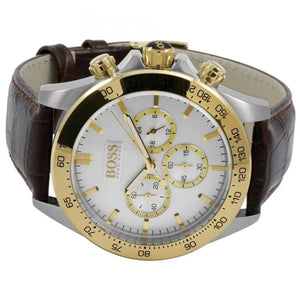 Right angled view of Hugo Boss Ikon 1513174 highlighting silver dial and gold tachymeter bezel 100m water resistance