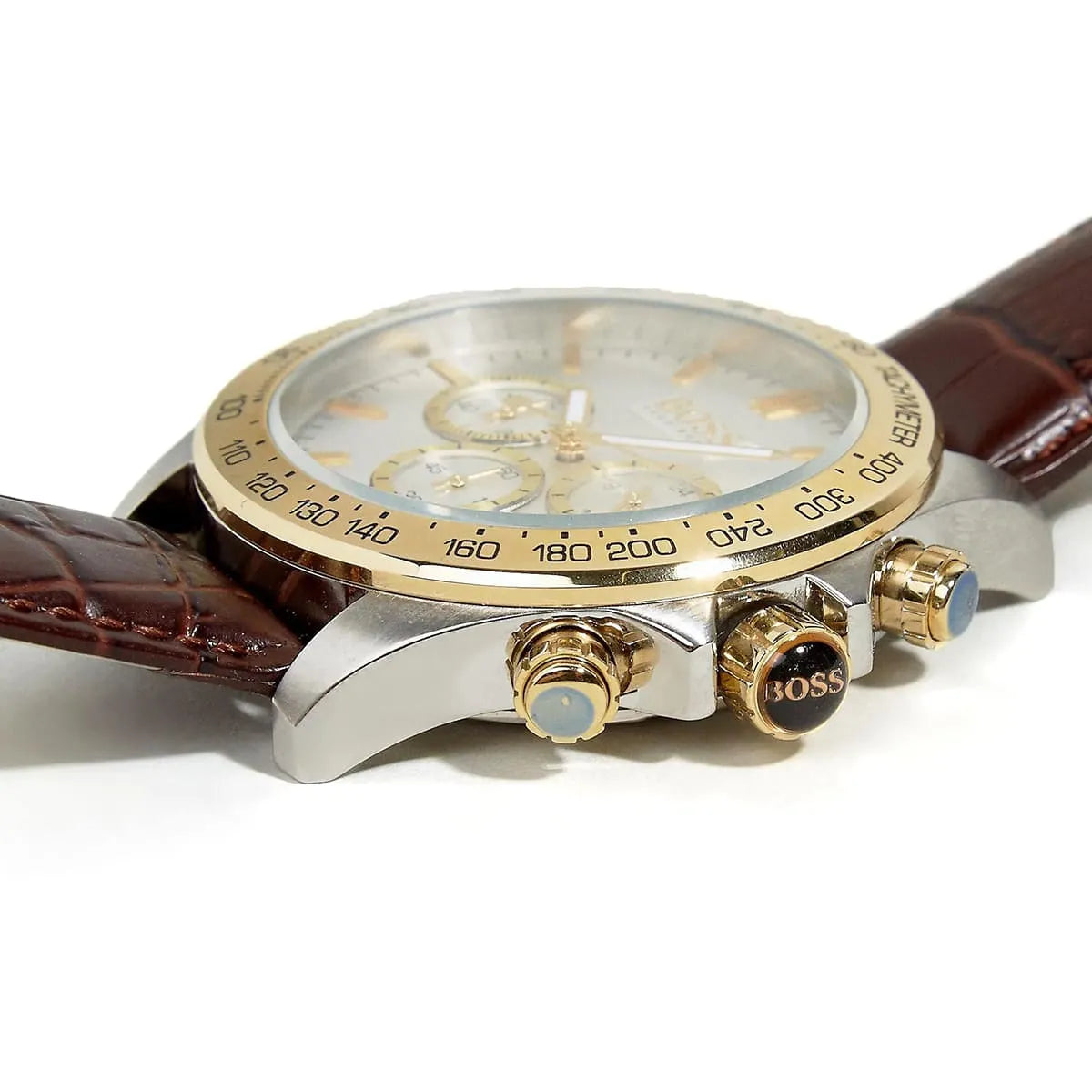 Detailed view of gold crown and pushers on Hugo Boss Ikon 1513174 with silver dial and brown leather strap 100m water resistant