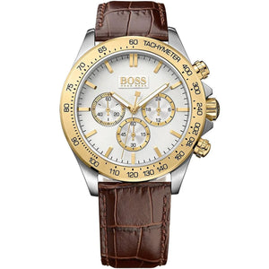 Hugo Boss Ikon 1513174 men's watch with silver dial, gold bezel, brown leather strap, and 100m water resistance main view
