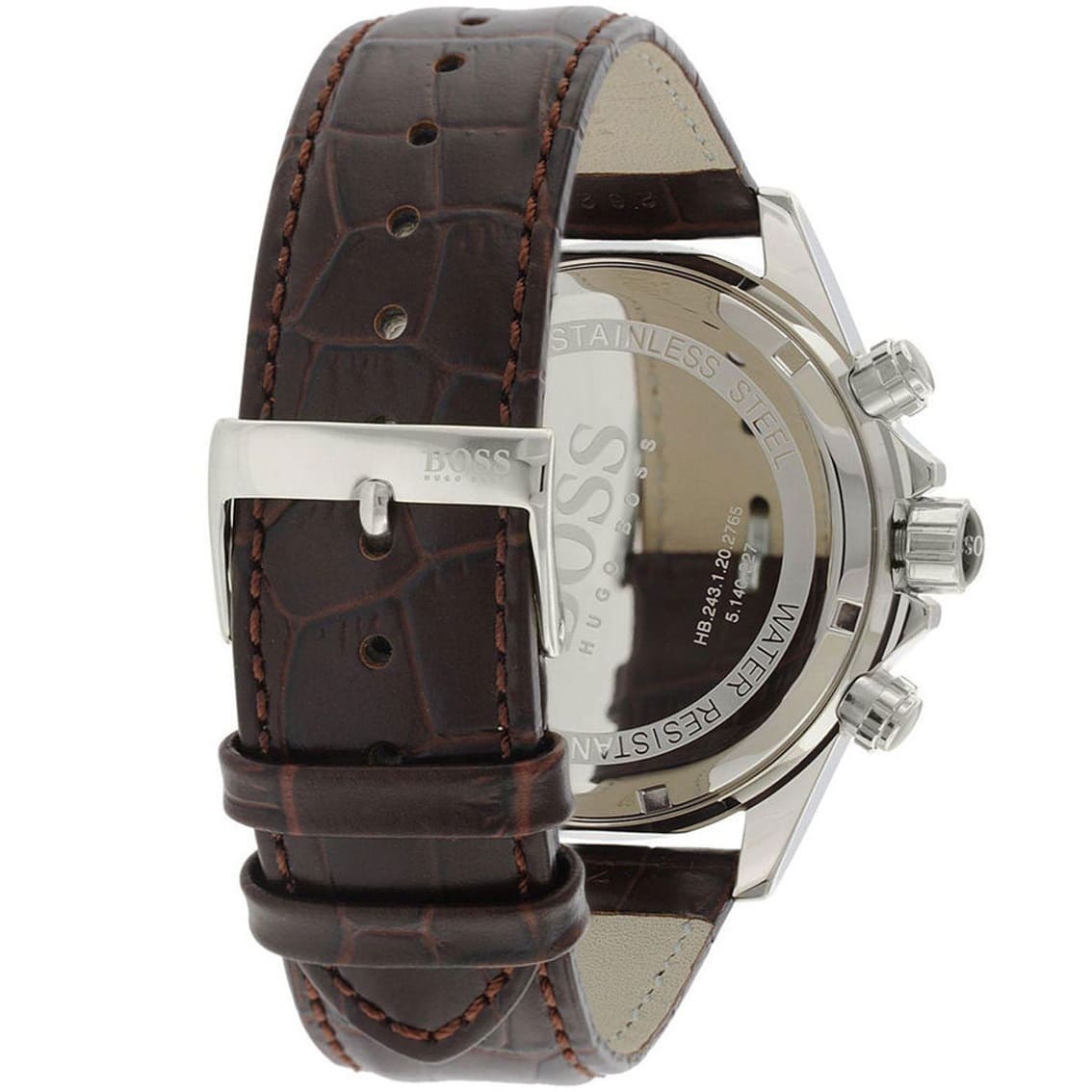 Caseback of Hugo Boss Ikon 1513175 showing technical specs white dial and brown leather strap 100m water resistance