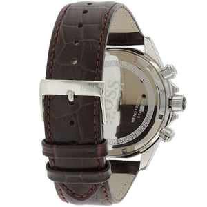 Caseback of Hugo Boss Ikon 1513175 showing technical specs white dial and brown leather strap 100m water resistance