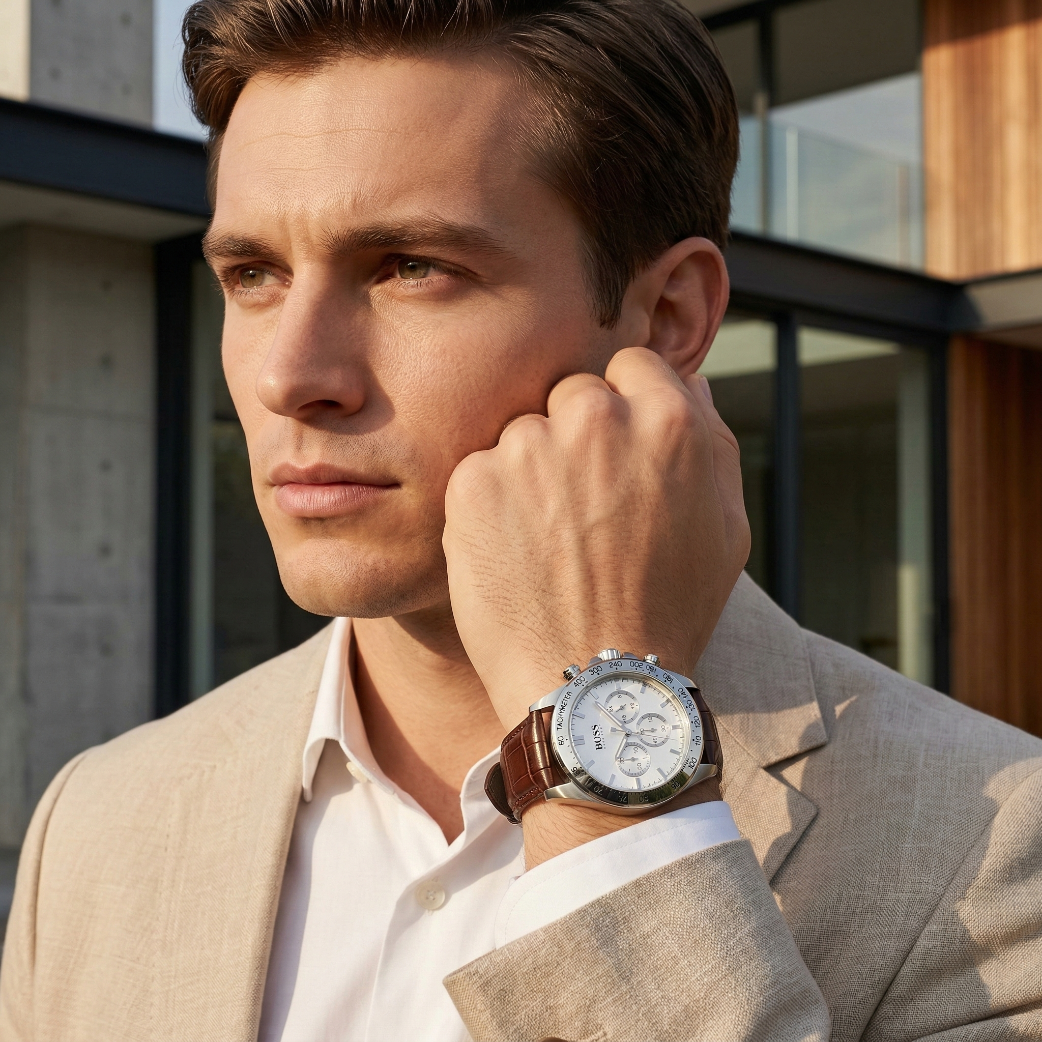 Professional man wearing Hugo Boss Ikon 1513175 with white dial and brown leather strap water resistant 100m