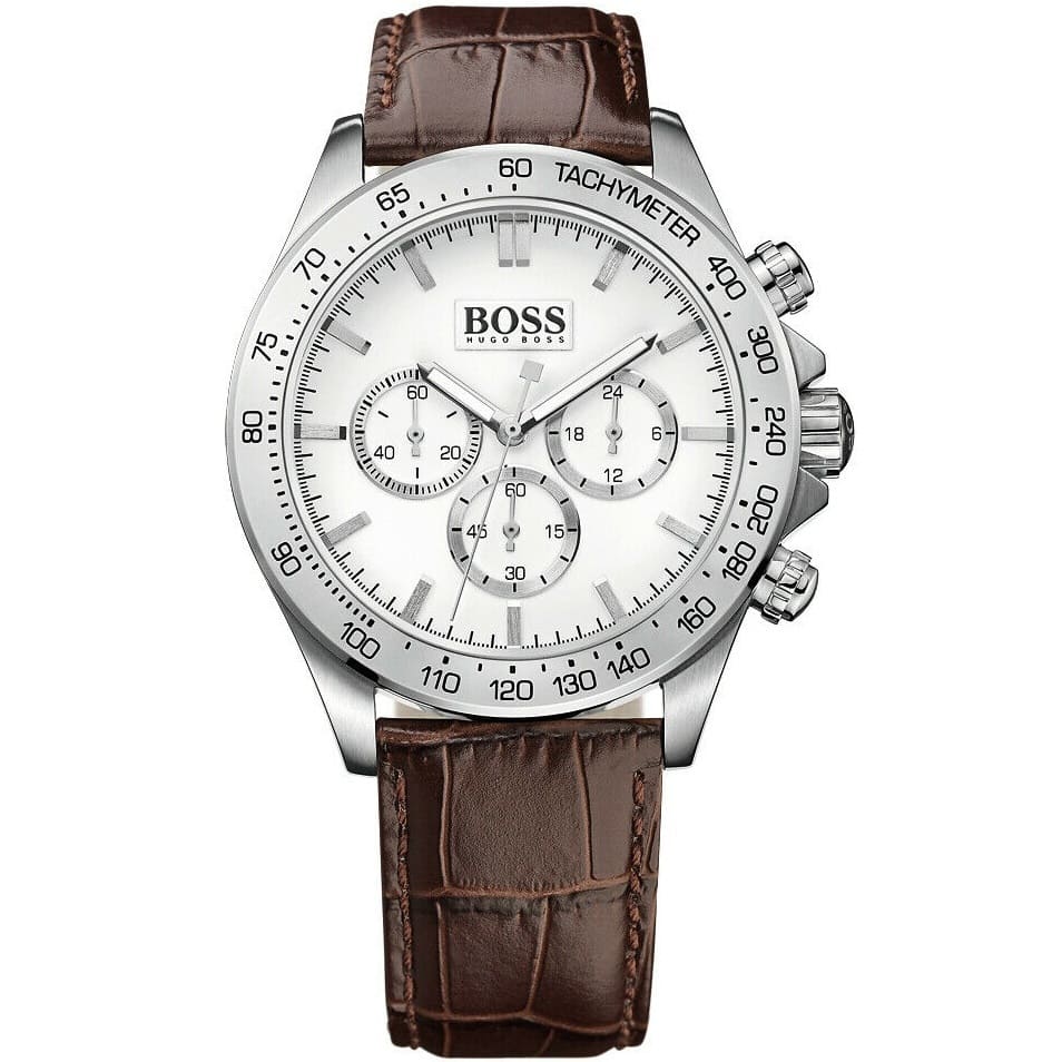 Hugo Boss Ikon 1513175 men's watch with white dial, brown leather strap, and 100m water resistance main view