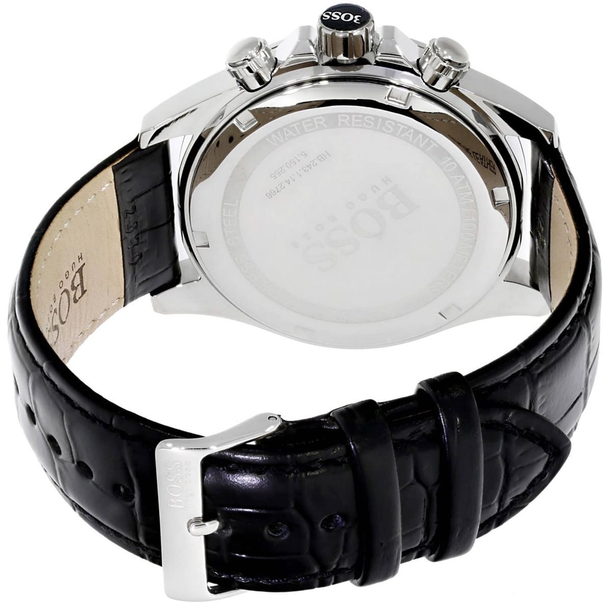 Caseback of Hugo Boss Ikon 1513178 showing technical specs black dial and black leather strap 100m water resistance