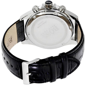 Caseback of Hugo Boss Ikon 1513178 showing technical specs black dial and black leather strap 100m water resistance