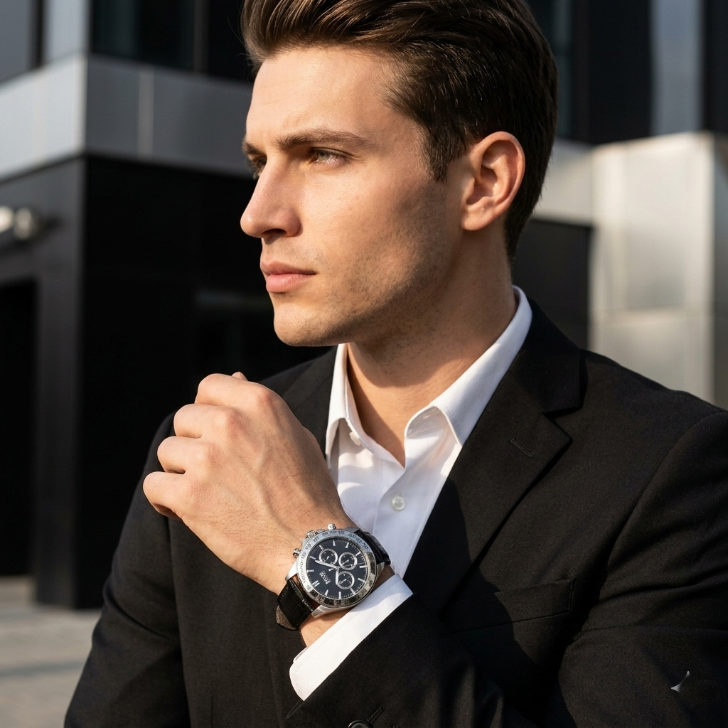 Professional man wearing Hugo Boss Ikon 1513178 with black dial and black leather strap water resistant 100m
