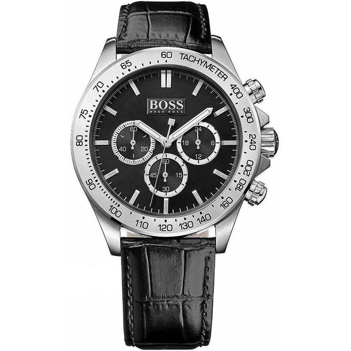 Hugo Boss Ikon 1513178 men's watch with black dial, black bezel, black leather strap, and 100m water resistance main view