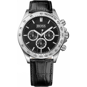 Hugo Boss Ikon 1513178 men's watch with black dial, black bezel, black leather strap, and 100m water resistance main view