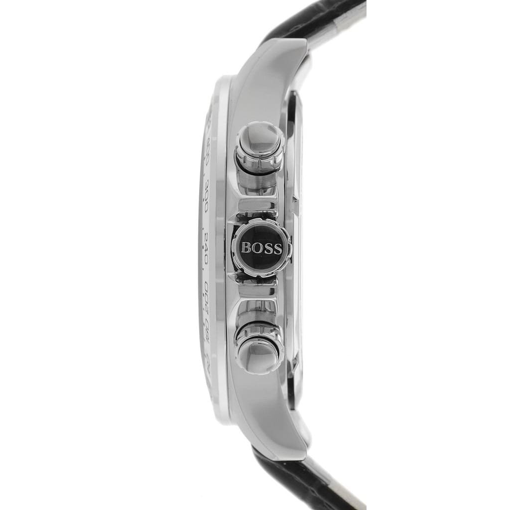 Side profile of Hugo Boss Ikon 1513178 showing 12mm thickness and silver/black finish with 100m water resistance