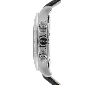 Side profile of Hugo Boss Ikon 1513178 showing 12mm thickness and silver/black finish with 100m water resistance