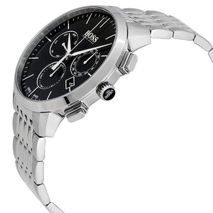 Left angled view of Hugo Boss Signature 1513267 showing black dial detail and silver link bracelet water resistant 50m