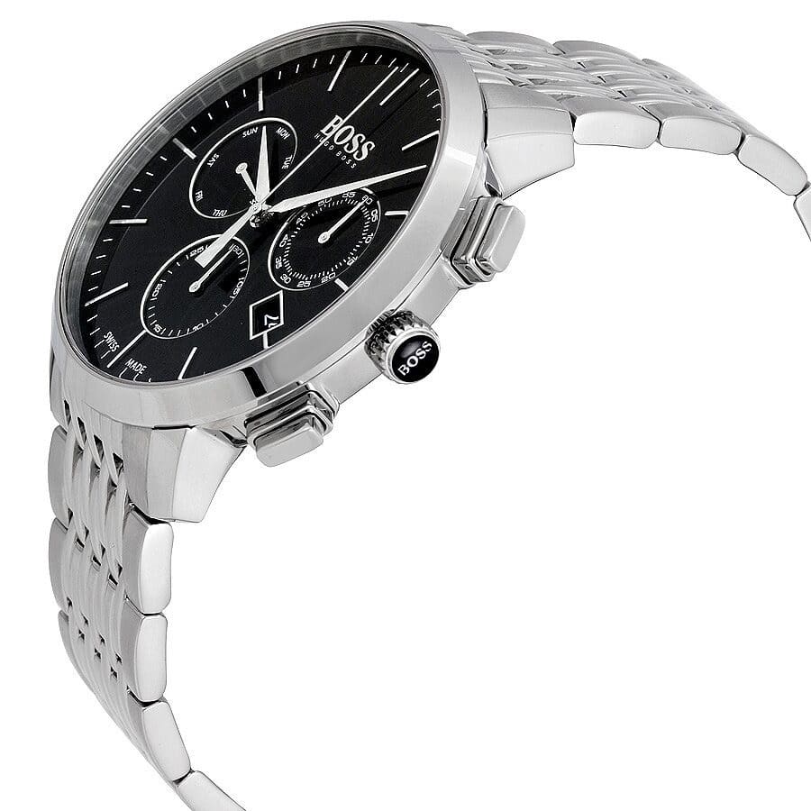 Left angled view of Hugo Boss Signature 1513267 showing black dial detail and silver link bracelet water resistant 50m