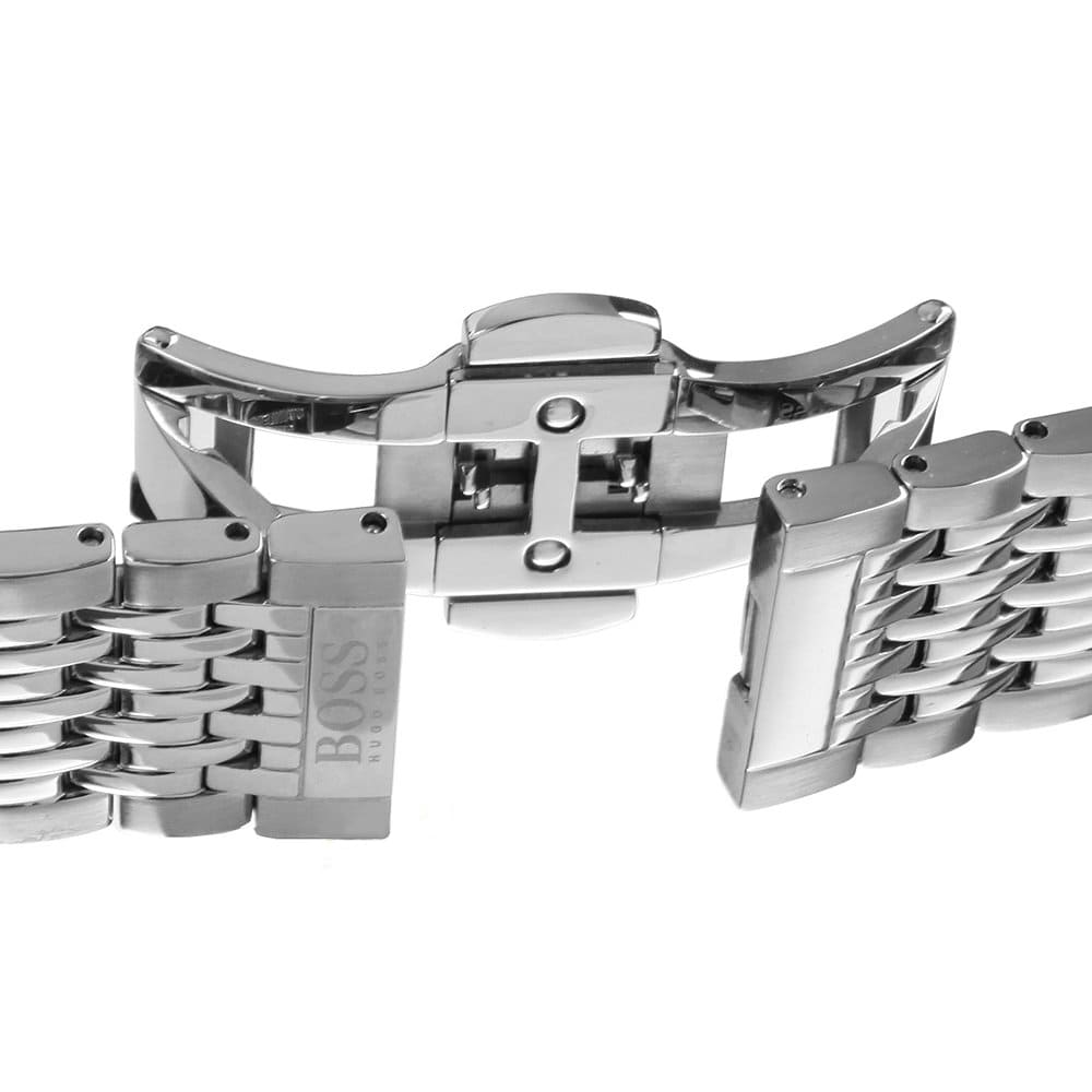 Silver metal deployment clasp on Hugo Boss Signature 1513267 black dial watch water resistant 50m