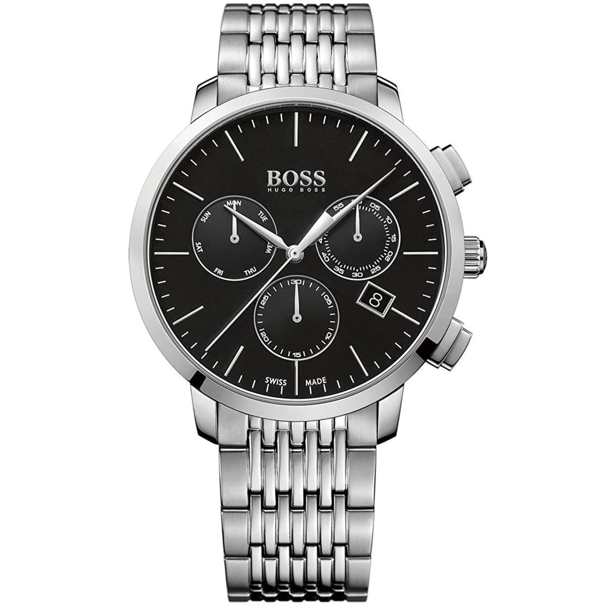 Hugo Boss Signature 1513267 men's watch with black dial, silver metal link strap, and 50m water resistance main view