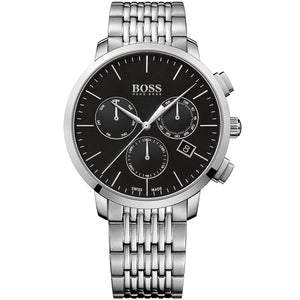 Hugo Boss Signature 1513267 men's watch with black dial, silver metal link strap, and 50m water resistance main view