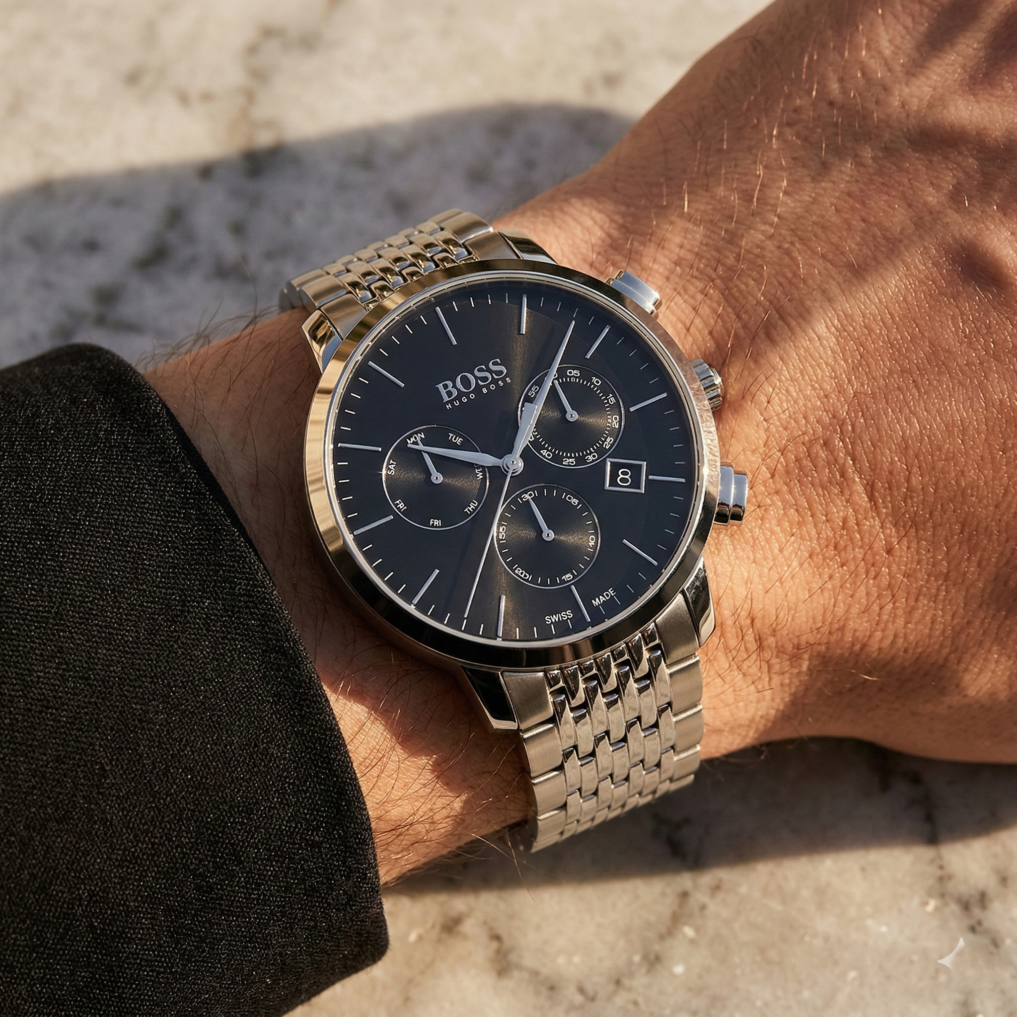 Close up of Hugo Boss Signature 1513267 on wrist showing black dial and silver metal strap with 50m water resistance