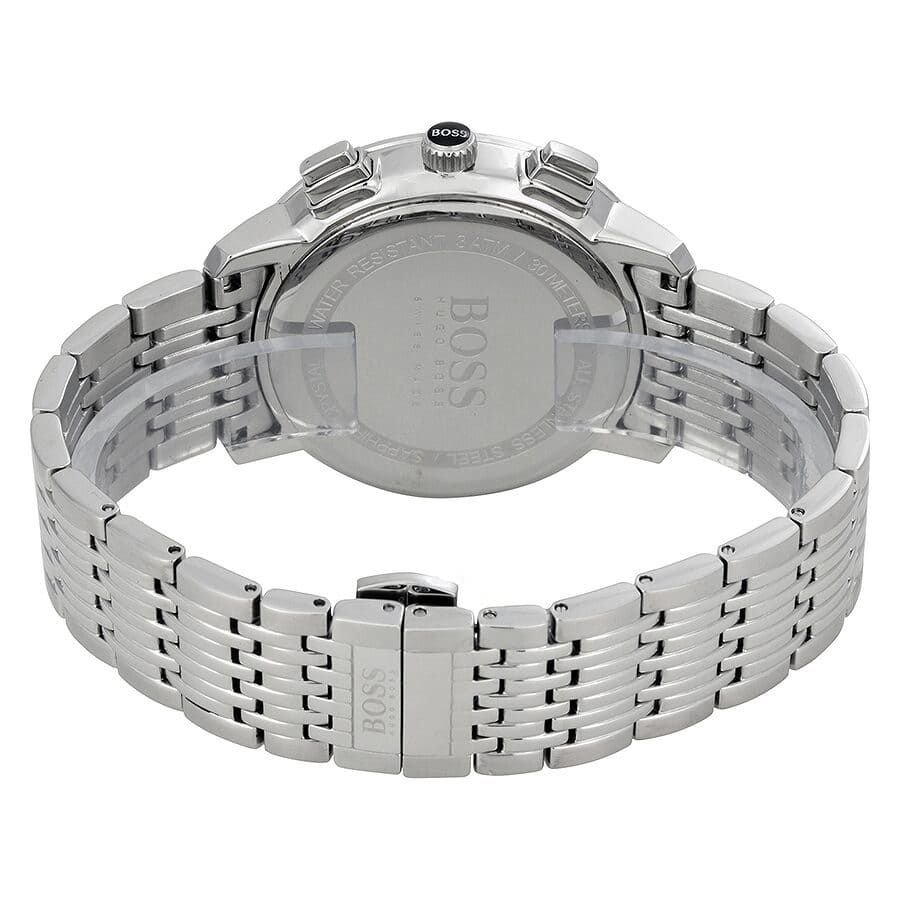 Caseback of Hugo Boss Signature 1513267 showing technical specs black dial and silver metal strap 50m water resistance