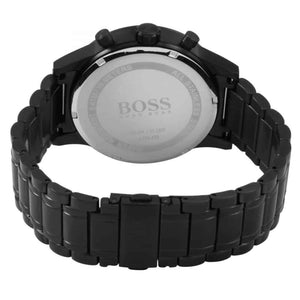 Caseback of Hugo Boss Aeroliner 1513275 showing technical specs (HB.244.1.34.2820) black dial and black metal strap 50m water resistance