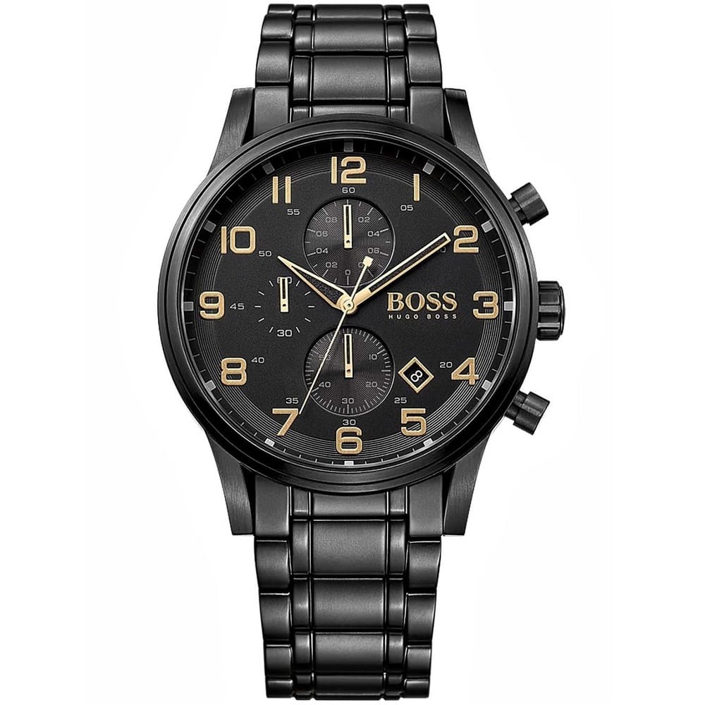 Hugo Boss Aeroliner 1513275 men's watch with black dial, black ion-plated metal link strap, and 50m water resistance main view