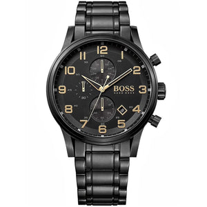 Hugo Boss Aeroliner 1513275 men's watch with black dial, black ion-plated metal link strap, and 50m water resistance main view