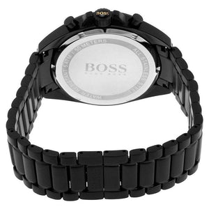 Caseback of Hugo Boss Driver 1513277 showing technical specs black dial and black metal strap 50m water resistance
