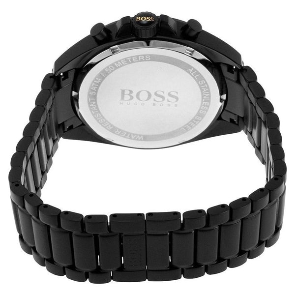 Caseback of Hugo Boss Driver 1513277 showing technical specs black dial and black metal strap 50m water resistance