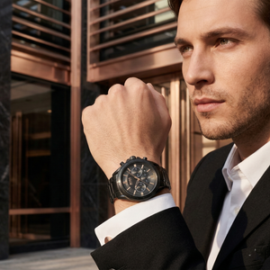 Professional man wearing Hugo Boss Driver 1513277 with black dial and black metal link strap water resistant 50m