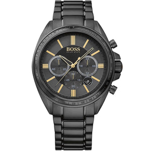 Hugo Boss Driver 1513277 men's watch with black dial, gold-tone accents, black ion-plated metal link strap, and 50m water resistance main view