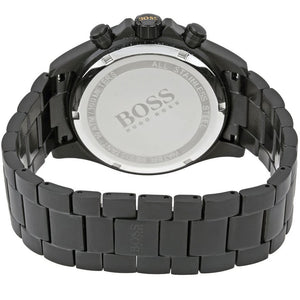 Caseback of Hugo Boss Ikon 1513278 showing technical specs black dial and black metal strap 100m water resistance