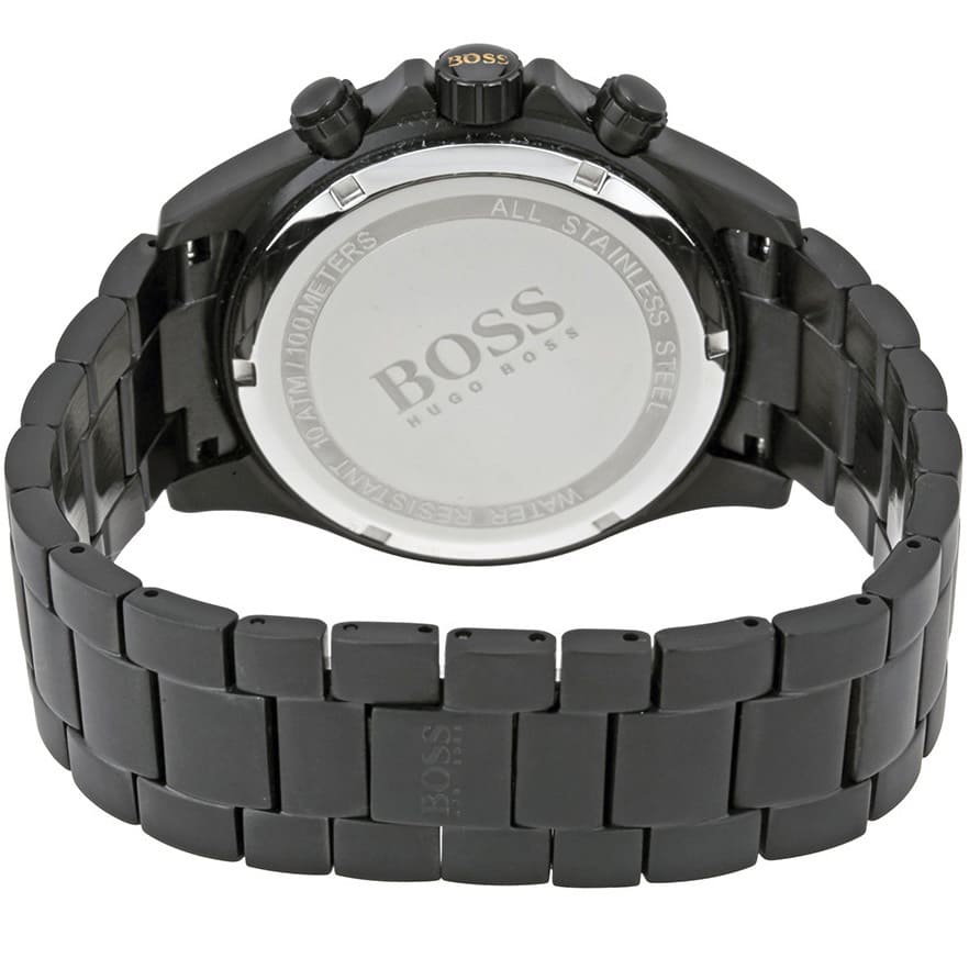 Caseback of Hugo Boss Ikon 1513278 showing technical specs black dial and black metal strap 100m water resistance