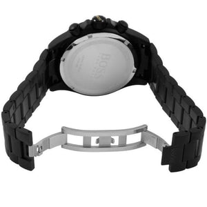 Black metal deployment clasp on Hugo Boss Ikon 1513278 black dial watch water resistant 100m