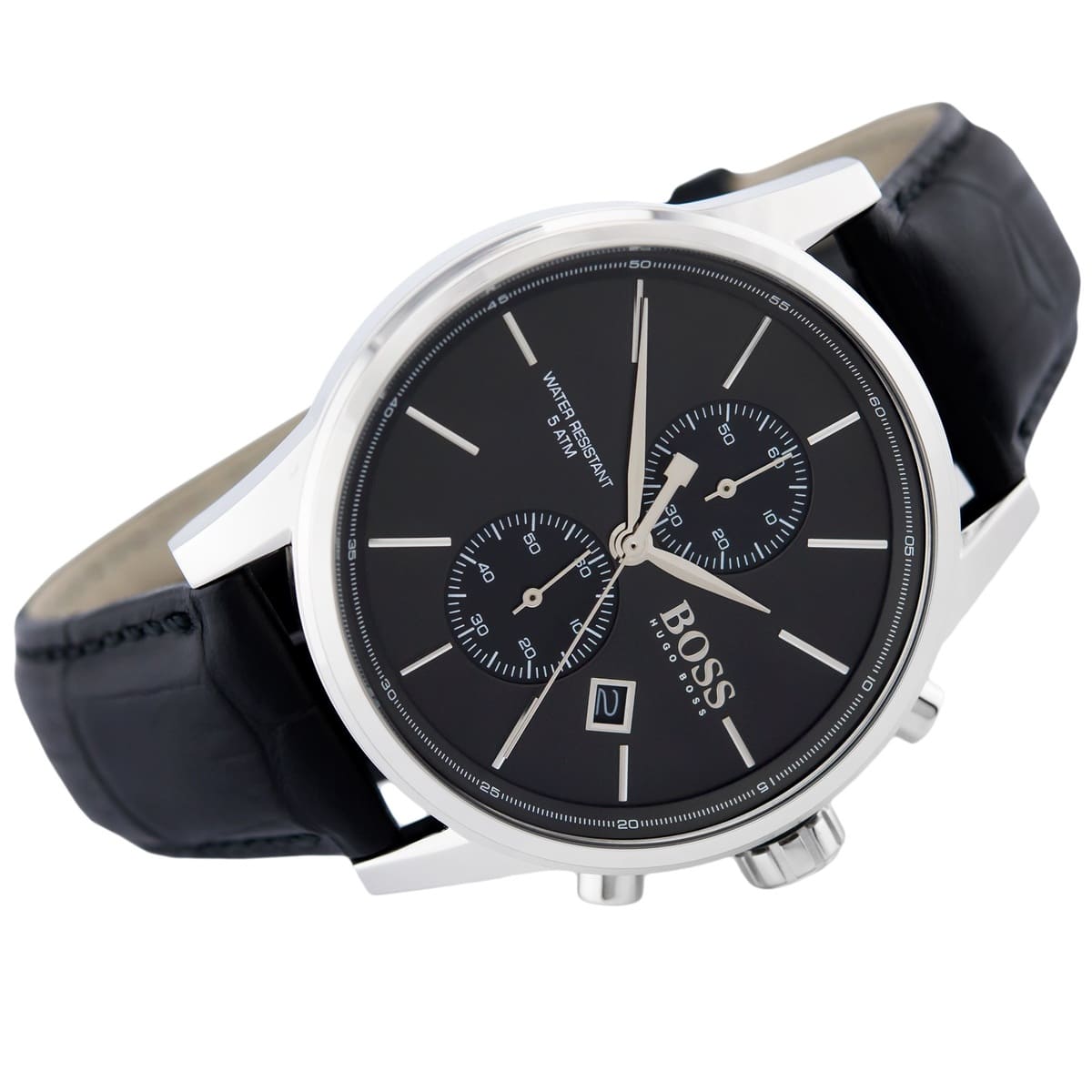 Left angled view of Hugo Boss Jet 1513279 showing black sunray dial detail and leather strap water resistant 50m