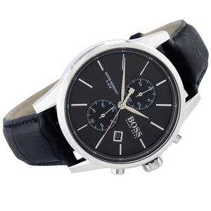 Left angled view of Hugo Boss Jet 1513279 showing black sunray dial detail and leather strap water resistant 50m