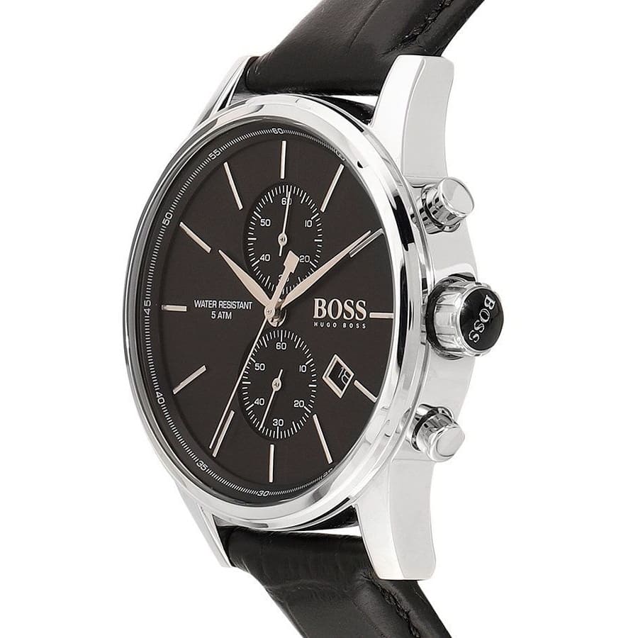 Right angled view of Hugo Boss Jet 1513279 highlighting black dial and slim silver markers 50m water resistance