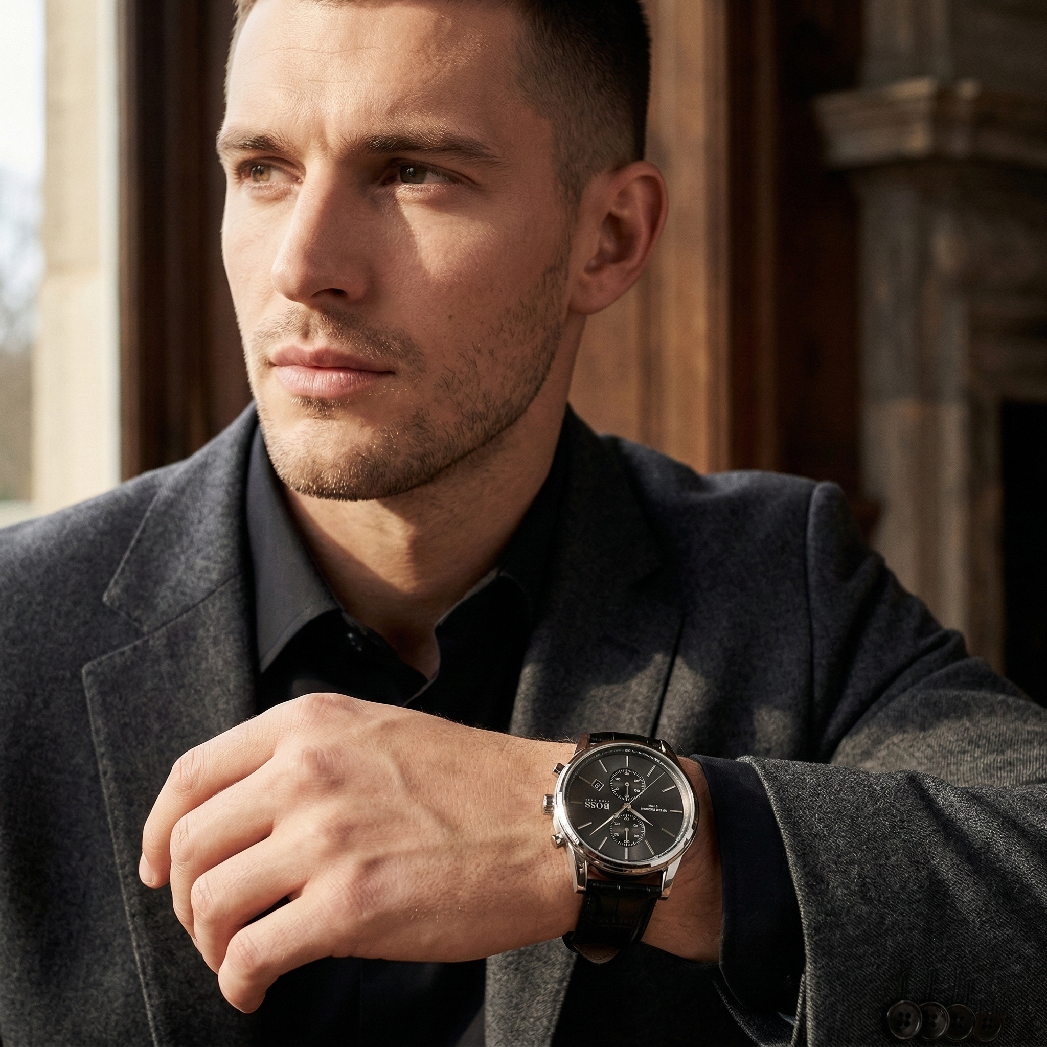 Professional man wearing Hugo Boss Jet 1513279 with black dial and silver case leather strap water resistant 50m