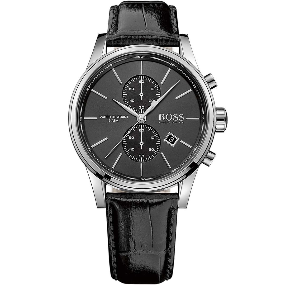 Hugo Boss Jet 1513279 men's watch with black sunray dial, silver stainless steel case, black leather strap, and 50m water resistance main view
