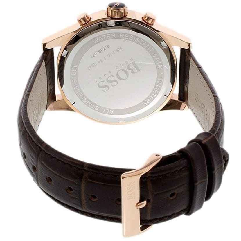 Caseback of Hugo Boss Jet 1513281 showing technical specs grey dial and leather strap 50m water resistance