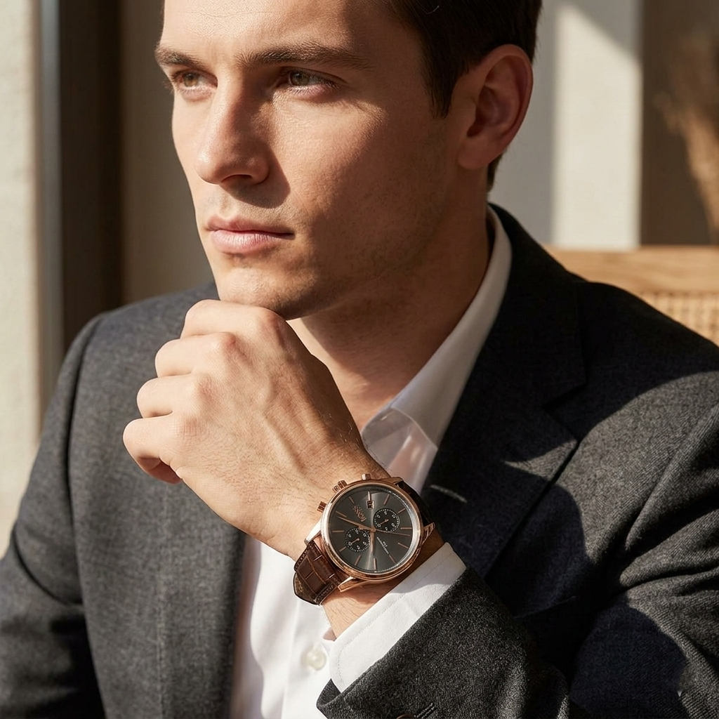 Professional man wearing Hugo Boss Jet 1513281 with grey dial and rose gold case leather strap water resistant 50m