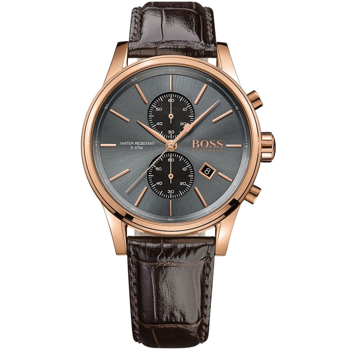 Hugo Boss Jet 1513281 men's watch with grey sunray dial, rose gold-tone case, brown leather strap, and 50m water resistance main view