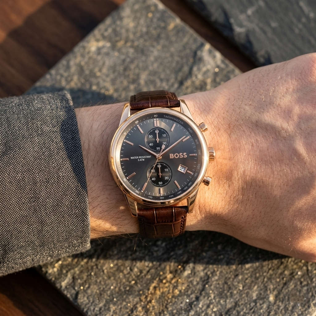 Close up of Hugo Boss Jet 1513281 on wrist showing grey dial and brown leather strap with 50m water resistance