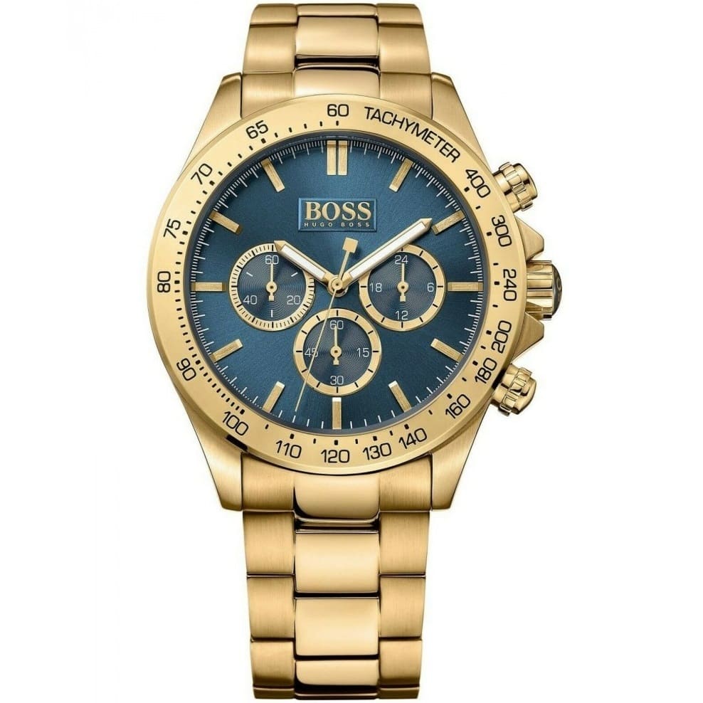 Hugo Boss Ikon 1513340 men's watch with blue sunray dial, gold metal link strap, and 100m water resistance main view