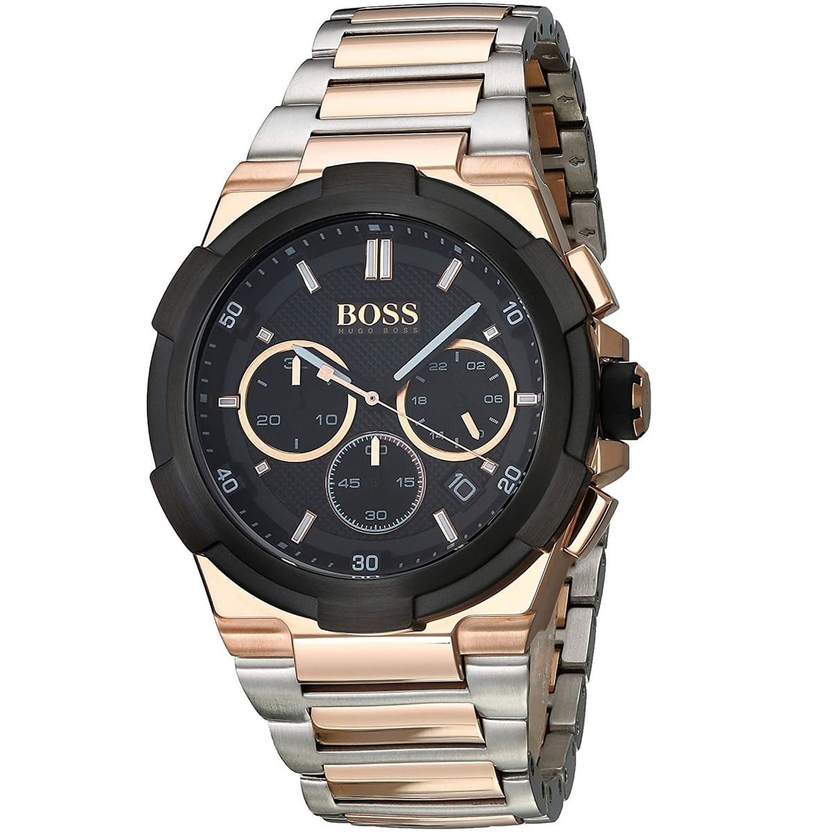 Right angled view of Hugo Boss Supernova 1513358 highlighting black dial and black tachymeter bezel 50m water resistance