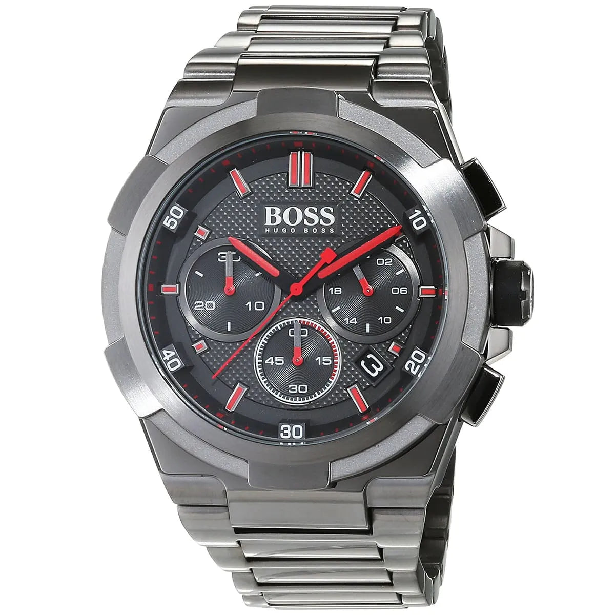 Right angled view of Hugo Boss Supernova 1513361 highlighting gray dial and gray ion-plated case 50m water resistance