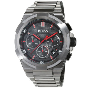 Right angled view of Hugo Boss Supernova 1513361 highlighting gray dial and gray ion-plated case 50m water resistance