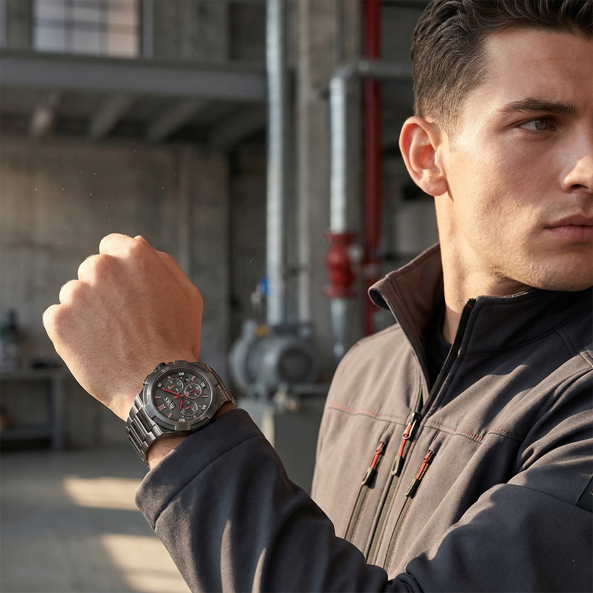 Professional man wearing Hugo Boss Supernova 1513361 with gray dial and gray metal link strap water resistant 50m