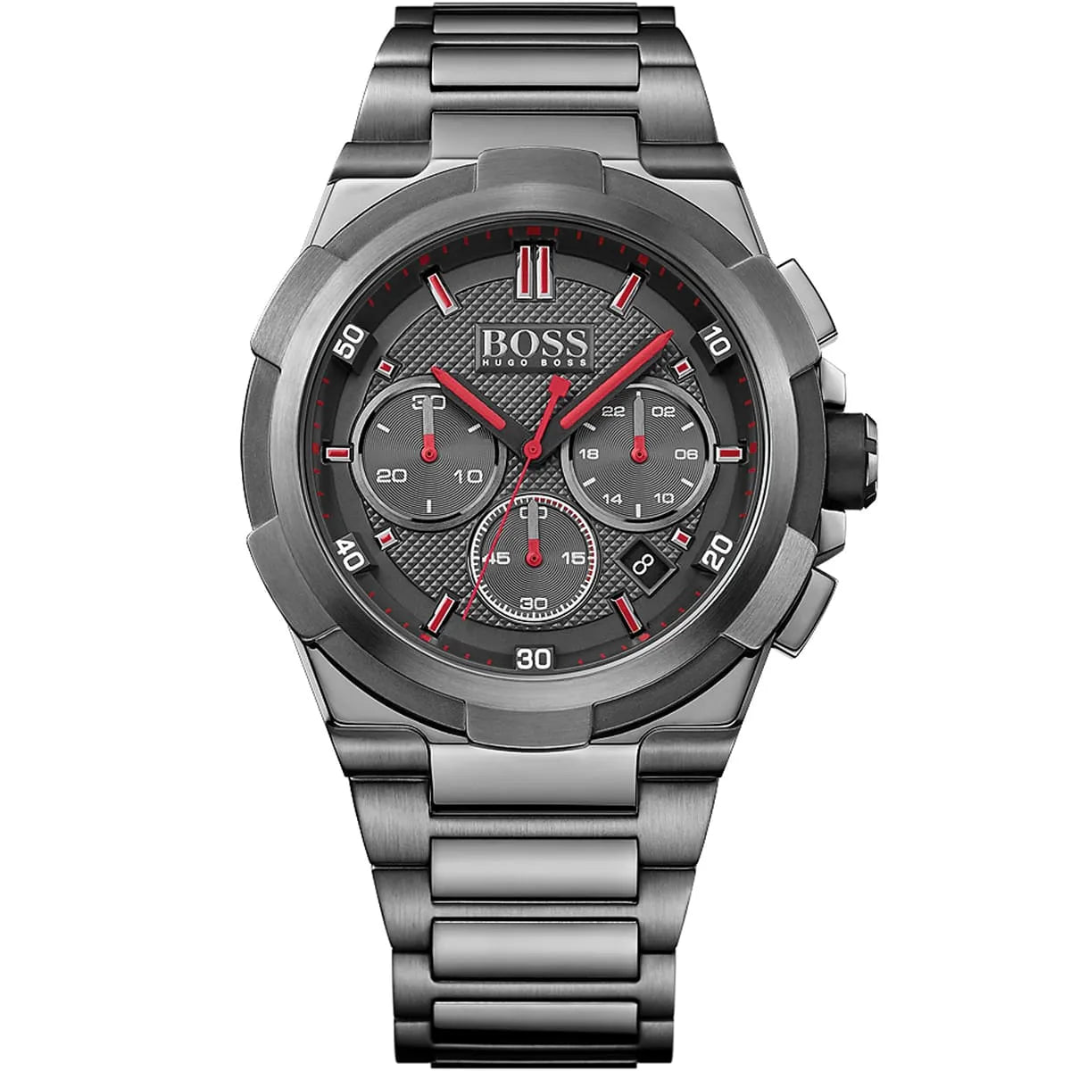 Hugo Boss Supernova 1513361 men's watch with gray textured dial, red accents, gray ion-plated metal link strap, and 50m water resistance main view