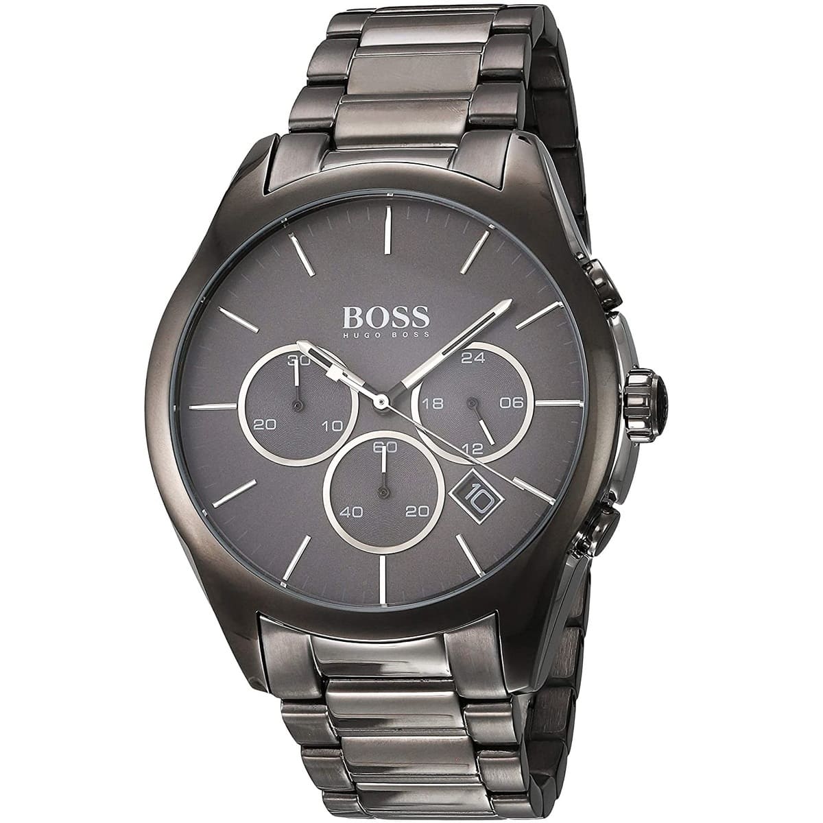 Left angled view of Hugo Boss Onyx 1513364 showing gray dial detail and gray link bracelet water resistant 50m