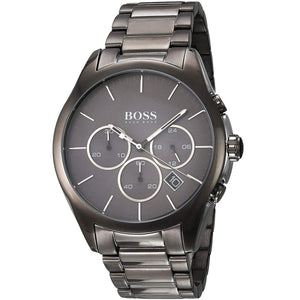 Left angled view of Hugo Boss Onyx 1513364 showing gray dial detail and gray link bracelet water resistant 50m